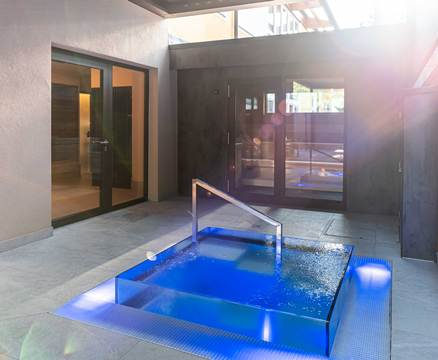 Blau beleuchtetes Tauchbecken vor der Sauna im Wellnessbereich des Hotels.